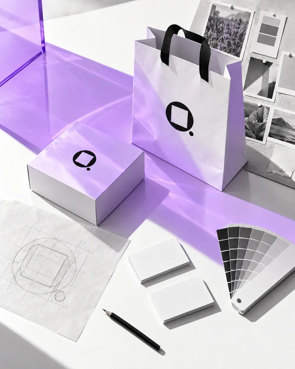 A brand identity project on a white table: a box and a shopping bag with the Qucina symbol, a logo construction sketch and a strategy board, in lavender light.