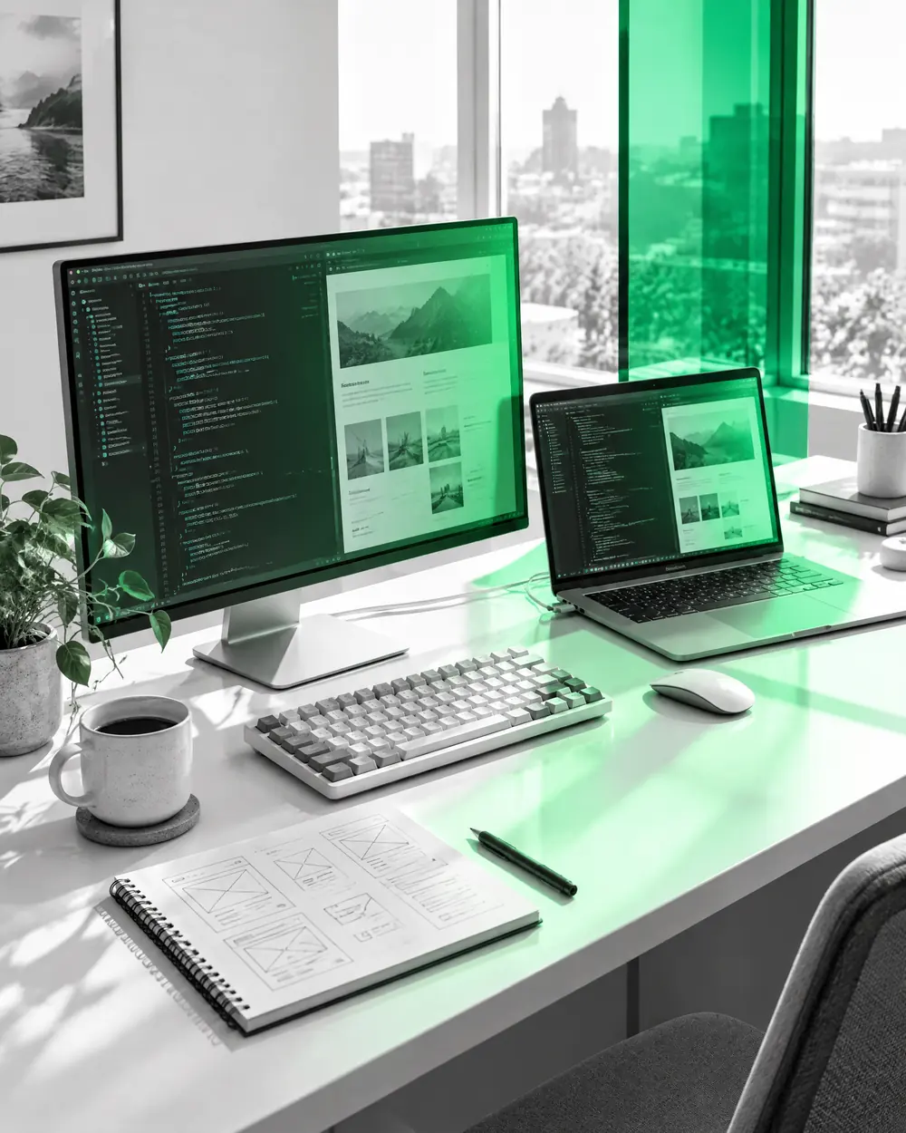 A white desk by a window with a monitor and a laptop showing code and a website layout, in green light.
