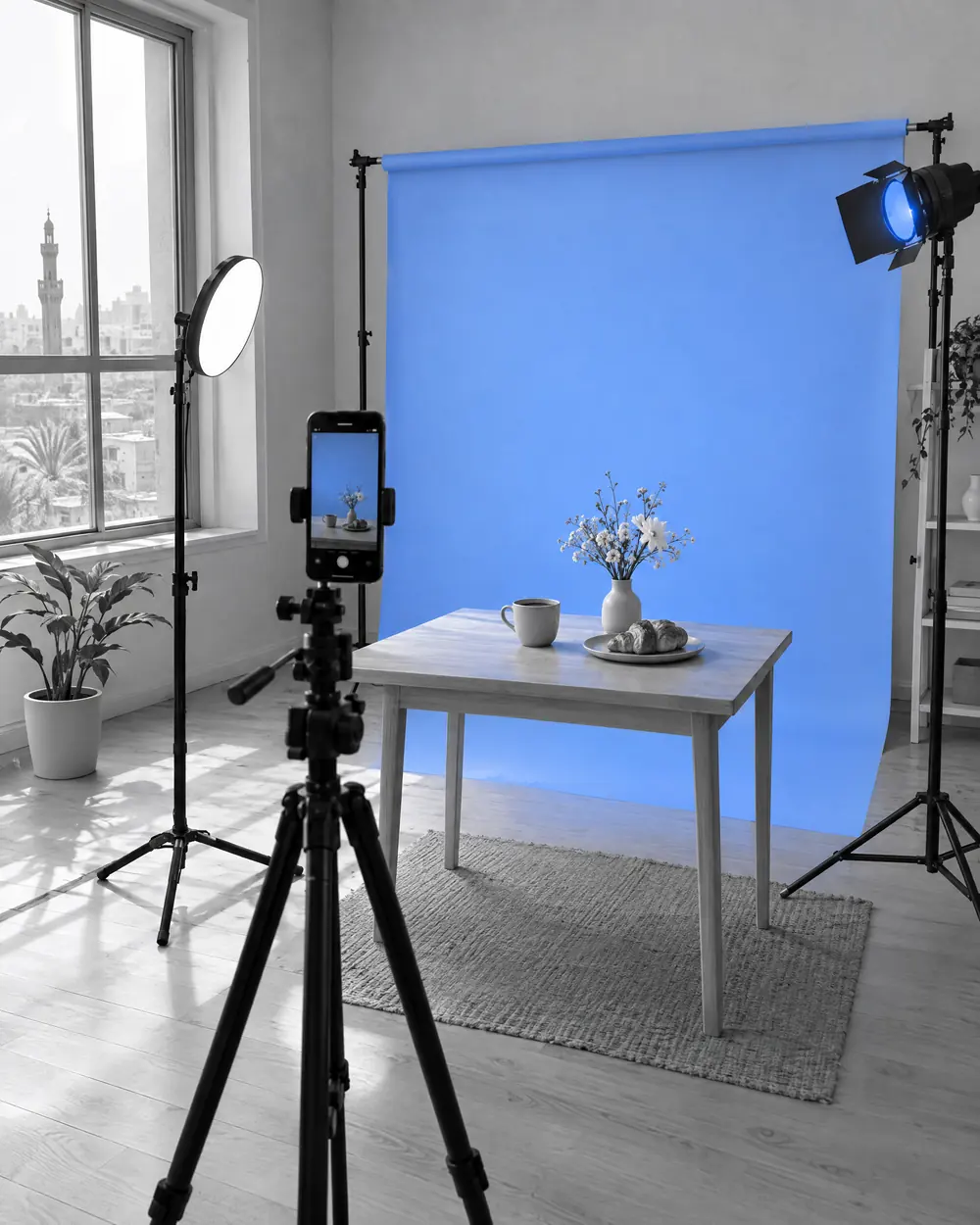 A tidy studio set for shooting a reel: a phone on a tripod, lights and a small styled table against a blue backdrop.